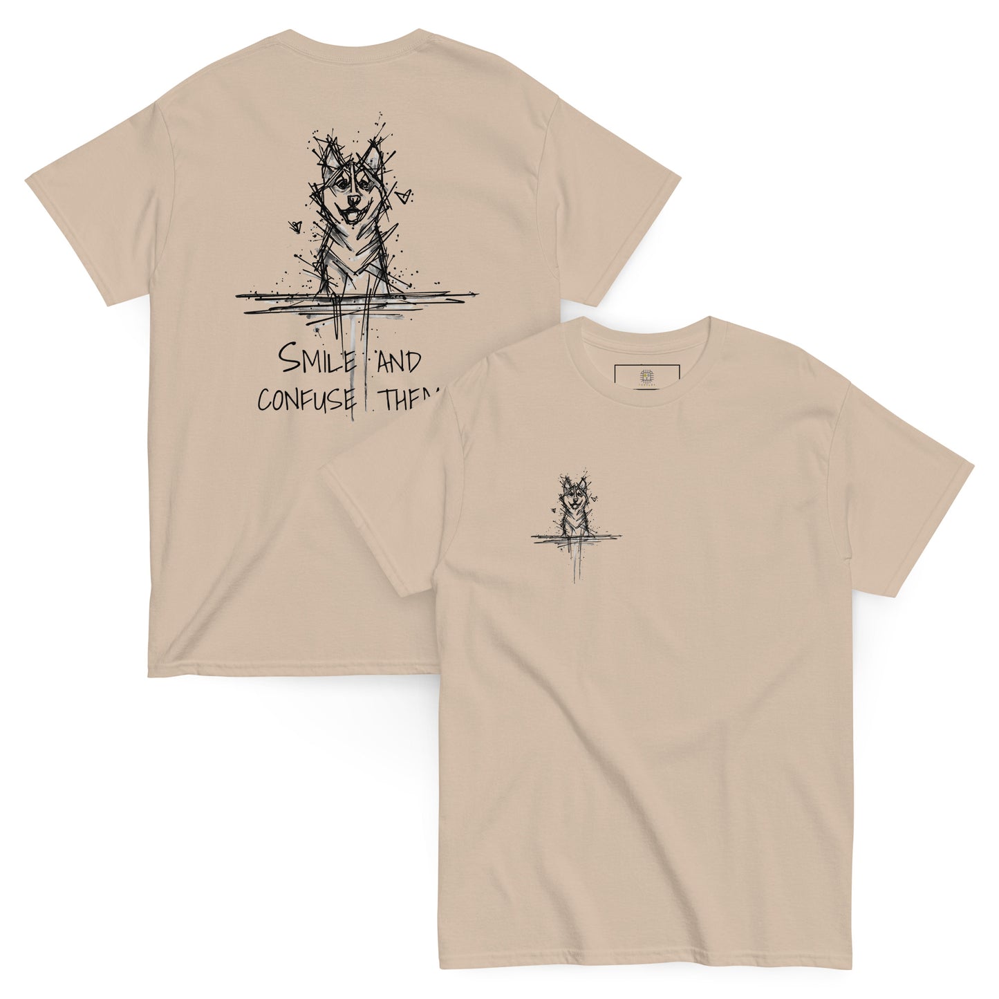 Beige T-shirt variation with Siberian Husky sketch and "Confuse" slogan, artistic minimalist dog graphic tee.