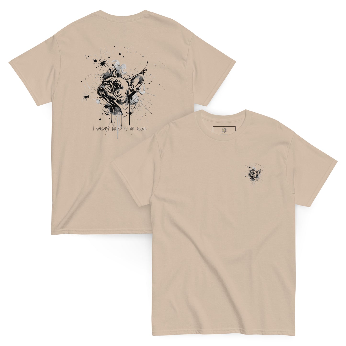 Beige unisex T-shirt – black ink French Bulldog illustration, front and back view.
