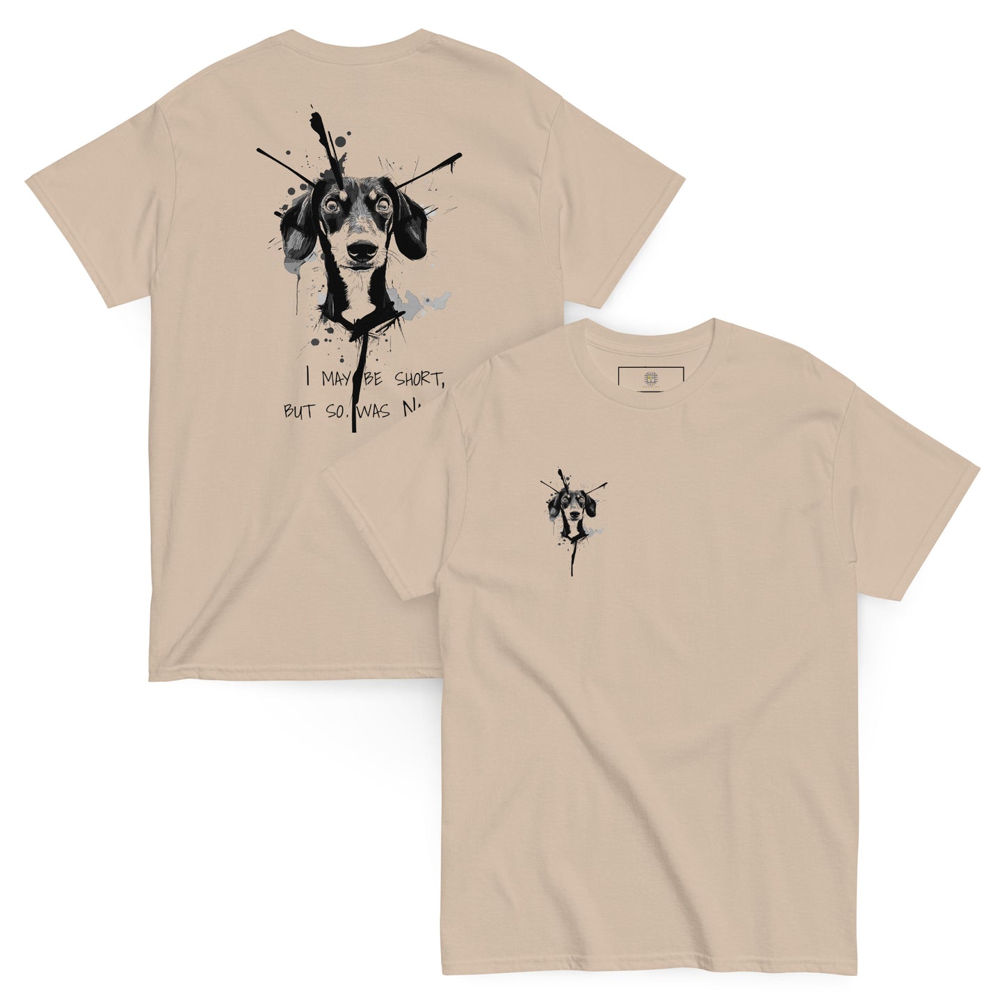 Beige unisex T-shirt with Pekilot’s Dachshund Napoleon design. Minimalist front placement makes it easy to style with jeans or casual outfits.