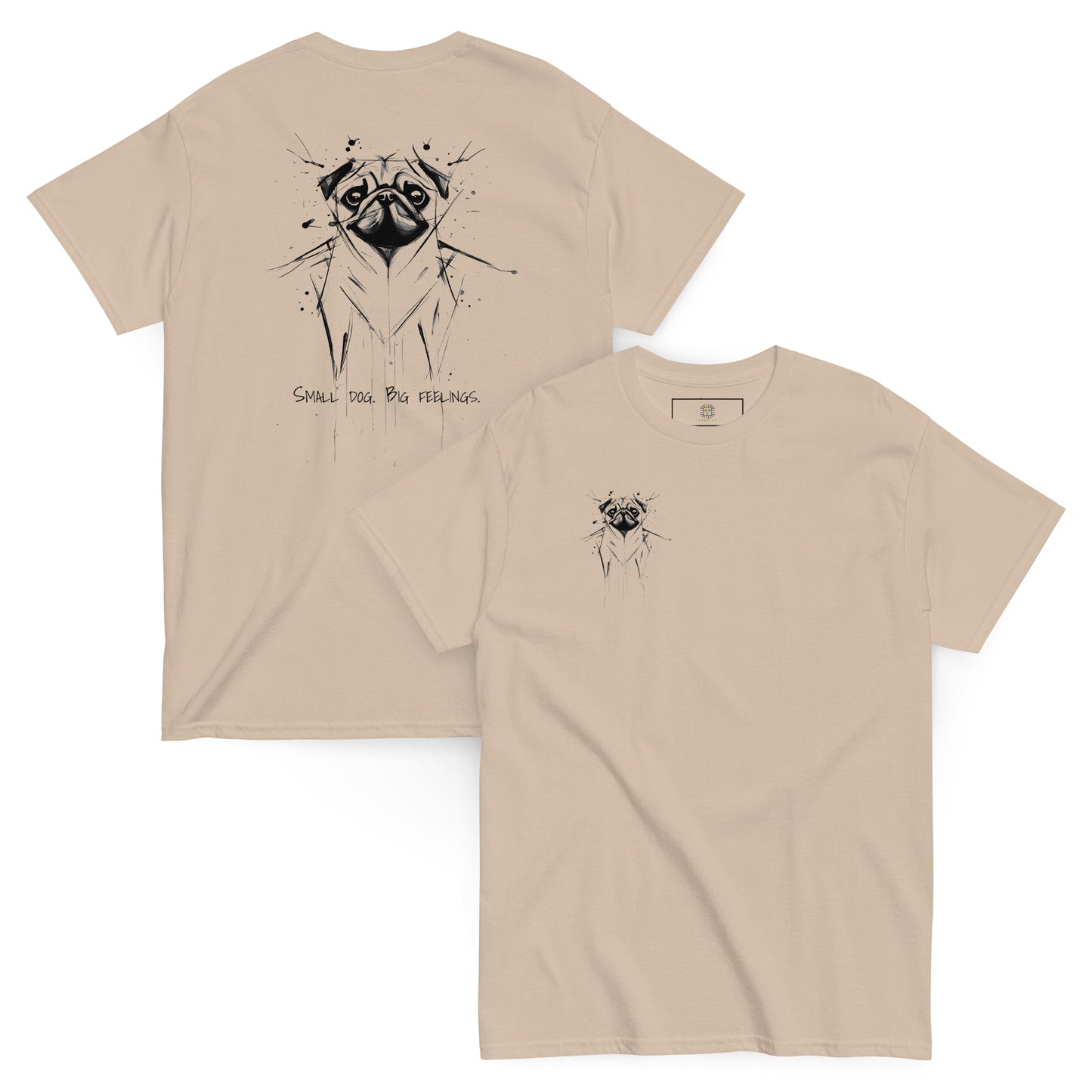 Beige unisex T-shirt – black ink pug illustration, back view on male model.