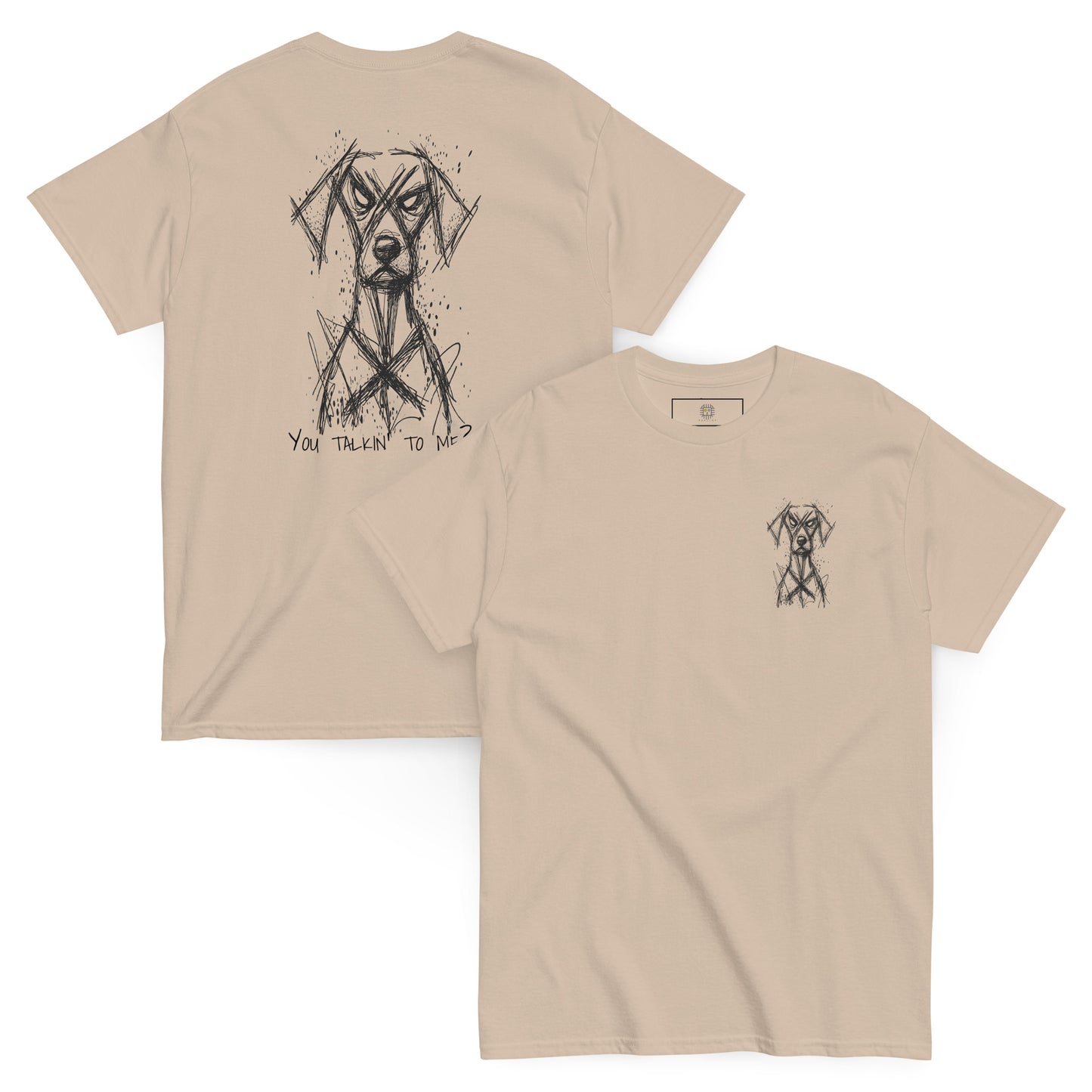 Beige unisex T-shirt – black line art dog boxer illustration, front and back view.