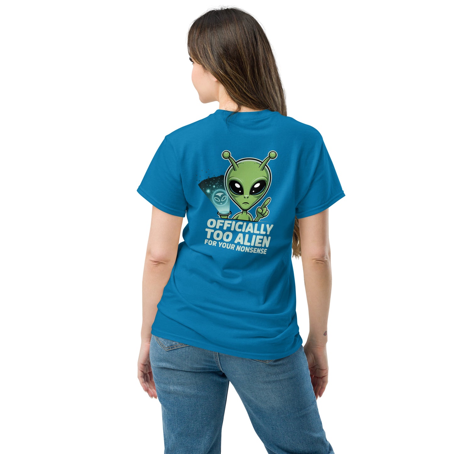 emale model wearing blue T-shirt — front left chest small alien head graphic