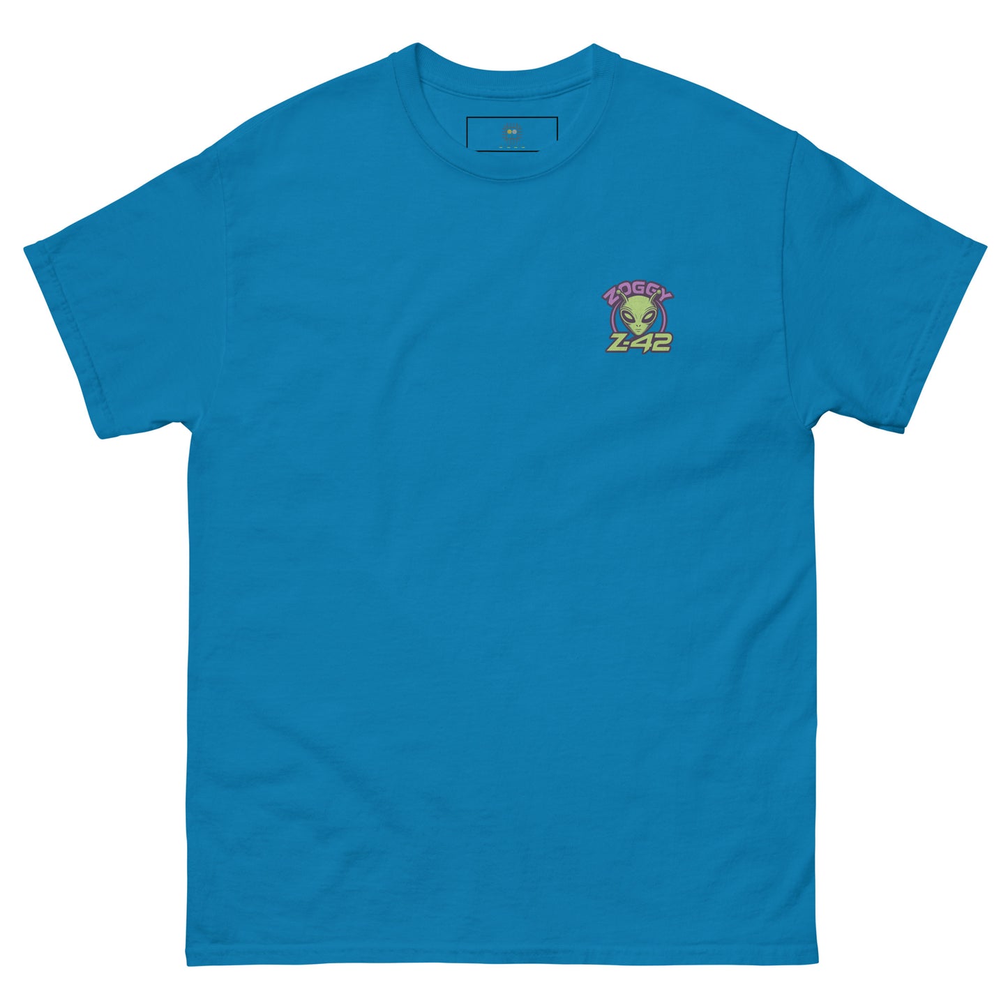 Blue unisex T-shirt — front left chest small alien head graphic