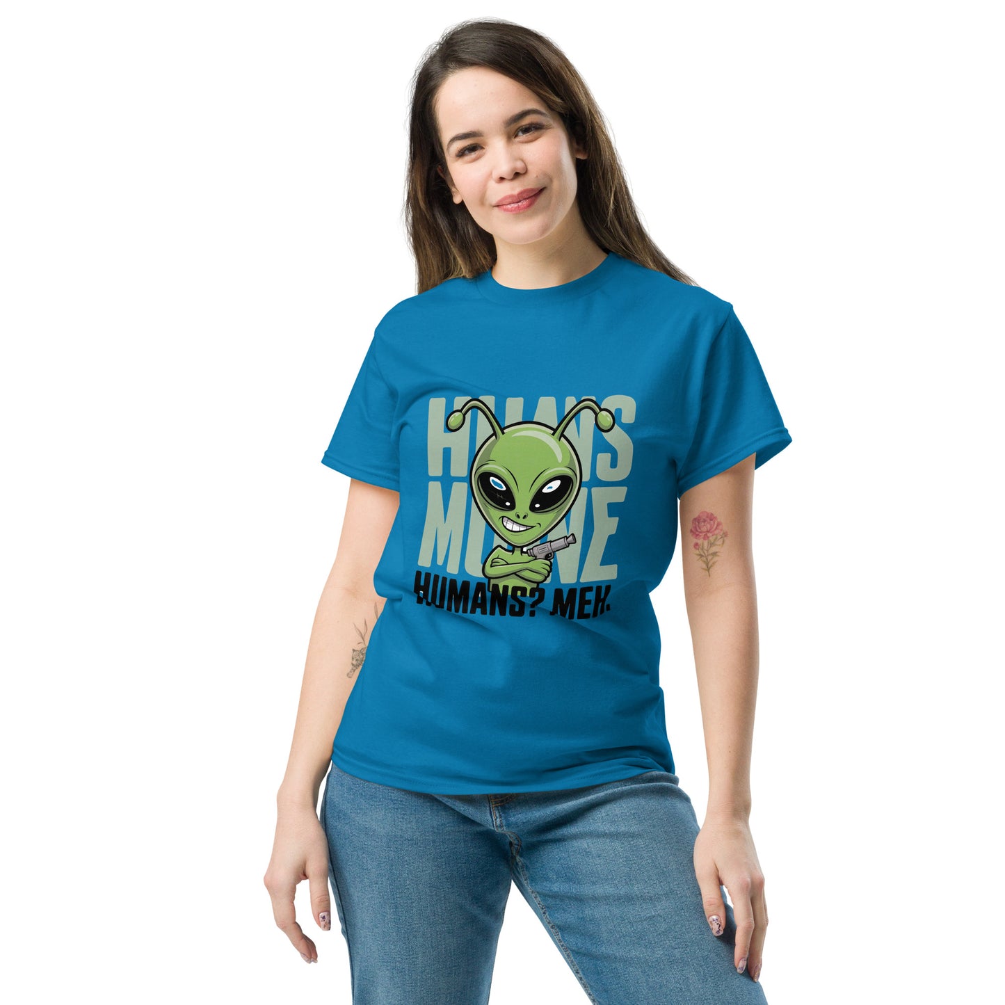 Female model wearing blue T-shirt — front print: green alien face above text HOW’S MY MOOD? HUMANS? MEH.