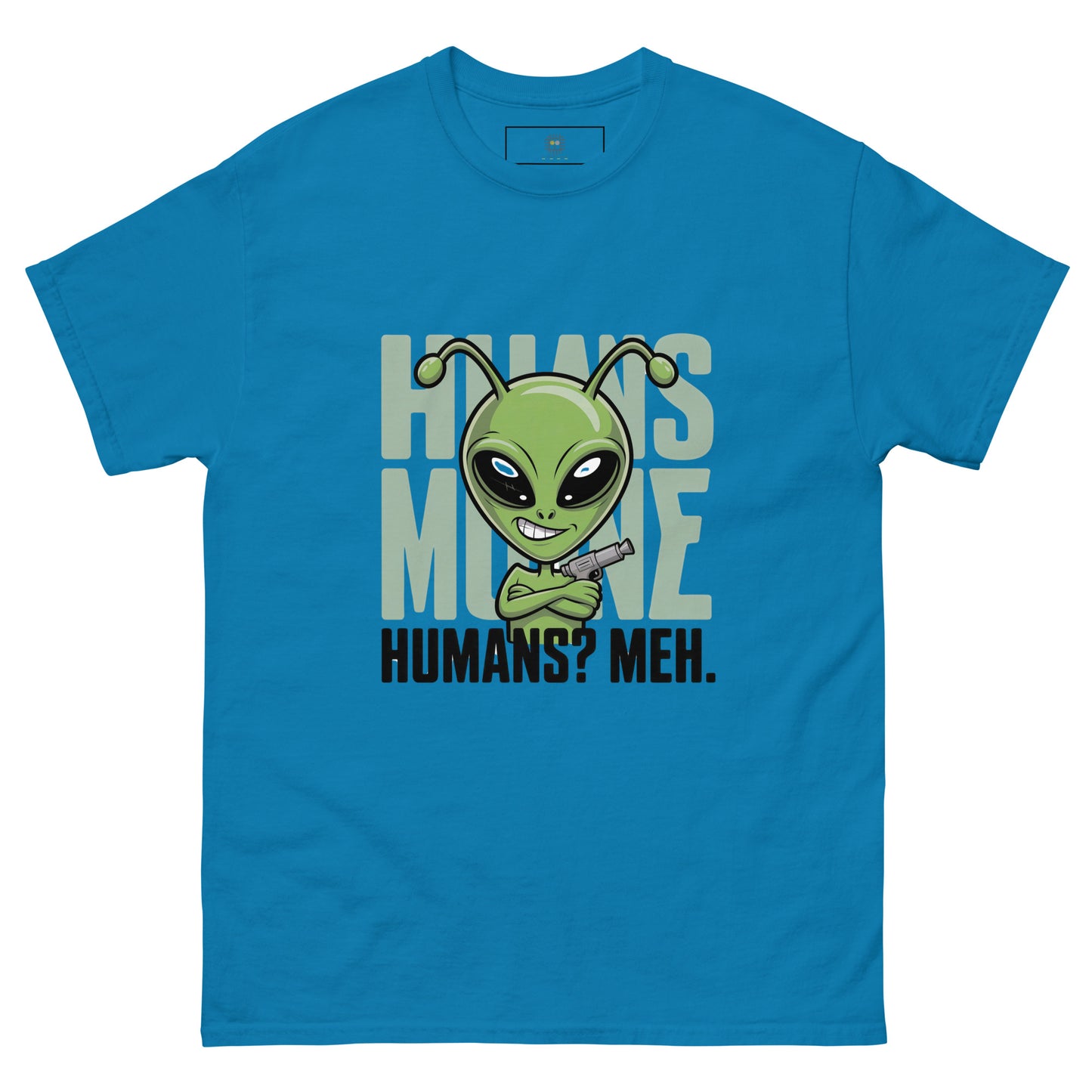 Blue unisex T-shirt — front print: green alien face above text HOW’S MY MOOD? HUMANS? MEH.