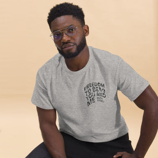 Man wearing grey feminist statement t-shirt with black quote design – Sisterhood Club Collection