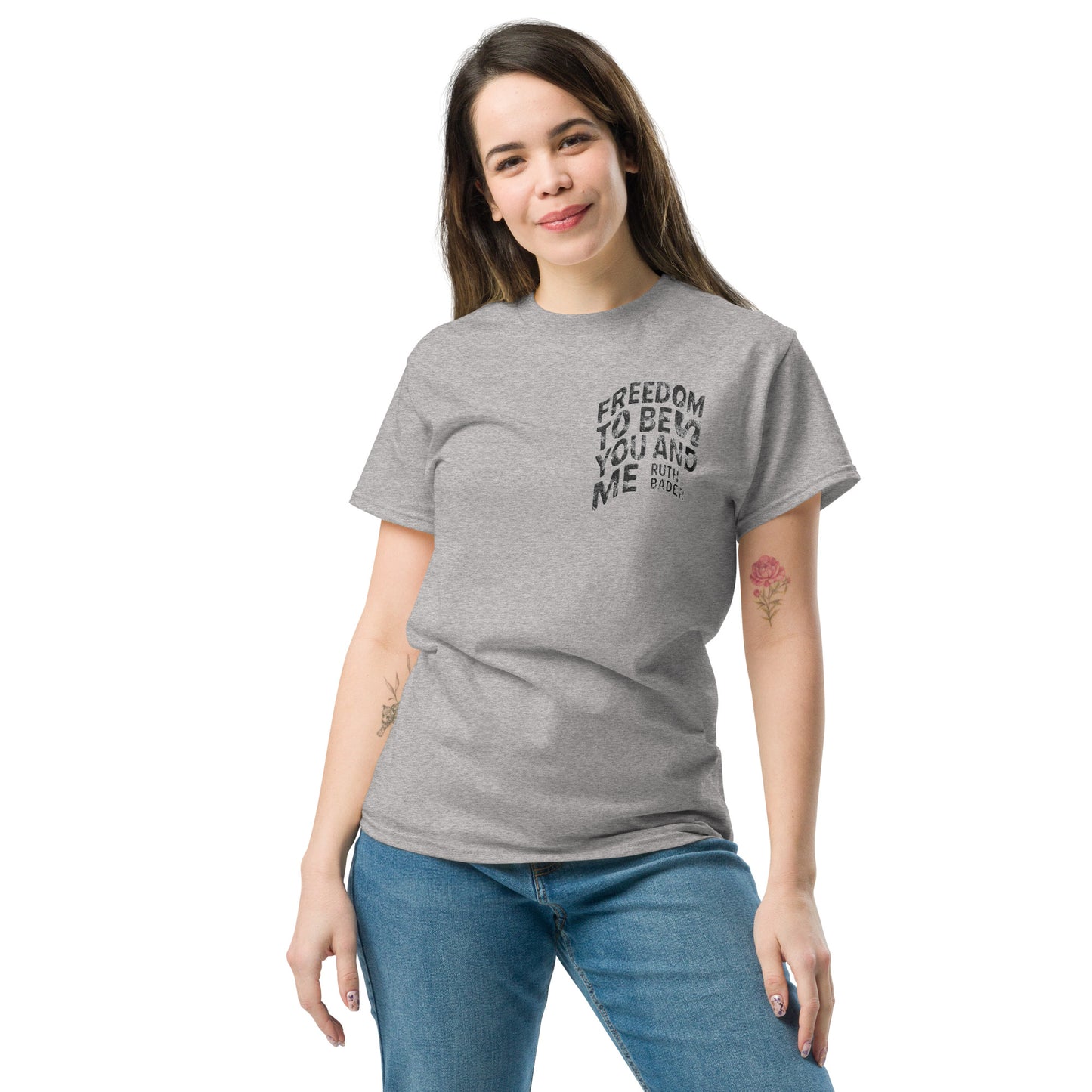 Woman wearing grey feminist quote t-shirt with bold black typography – Sisterhood Club Collection