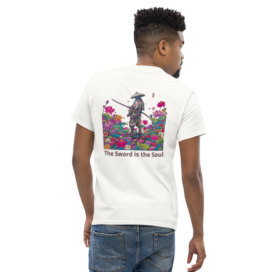 White unisex T-shirt – The Sword in the Lotus samurai design, back view.