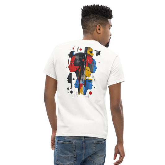 Man wearing white t-shirt with colorful abstract face design on the back