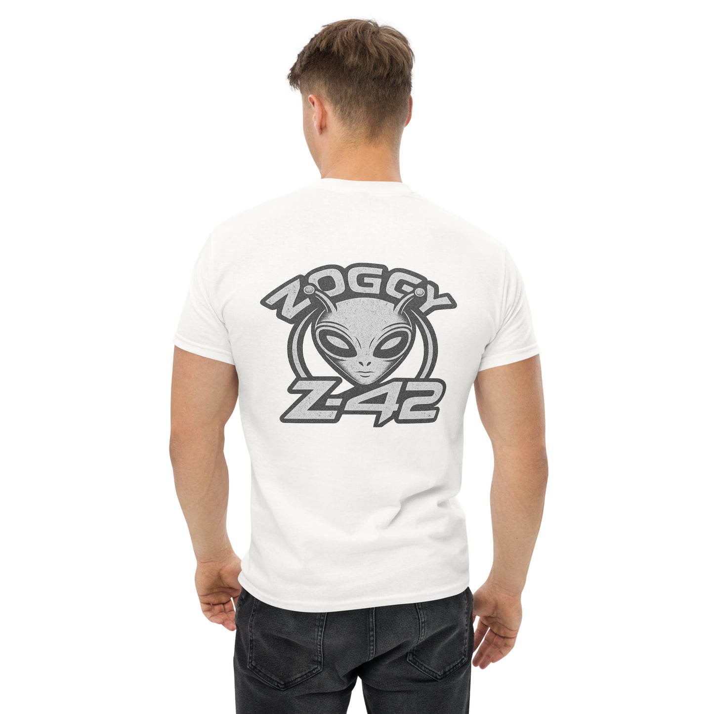 Male model wearing white T-shirt — back print: large grey alien head with text ZOGGY Z-42