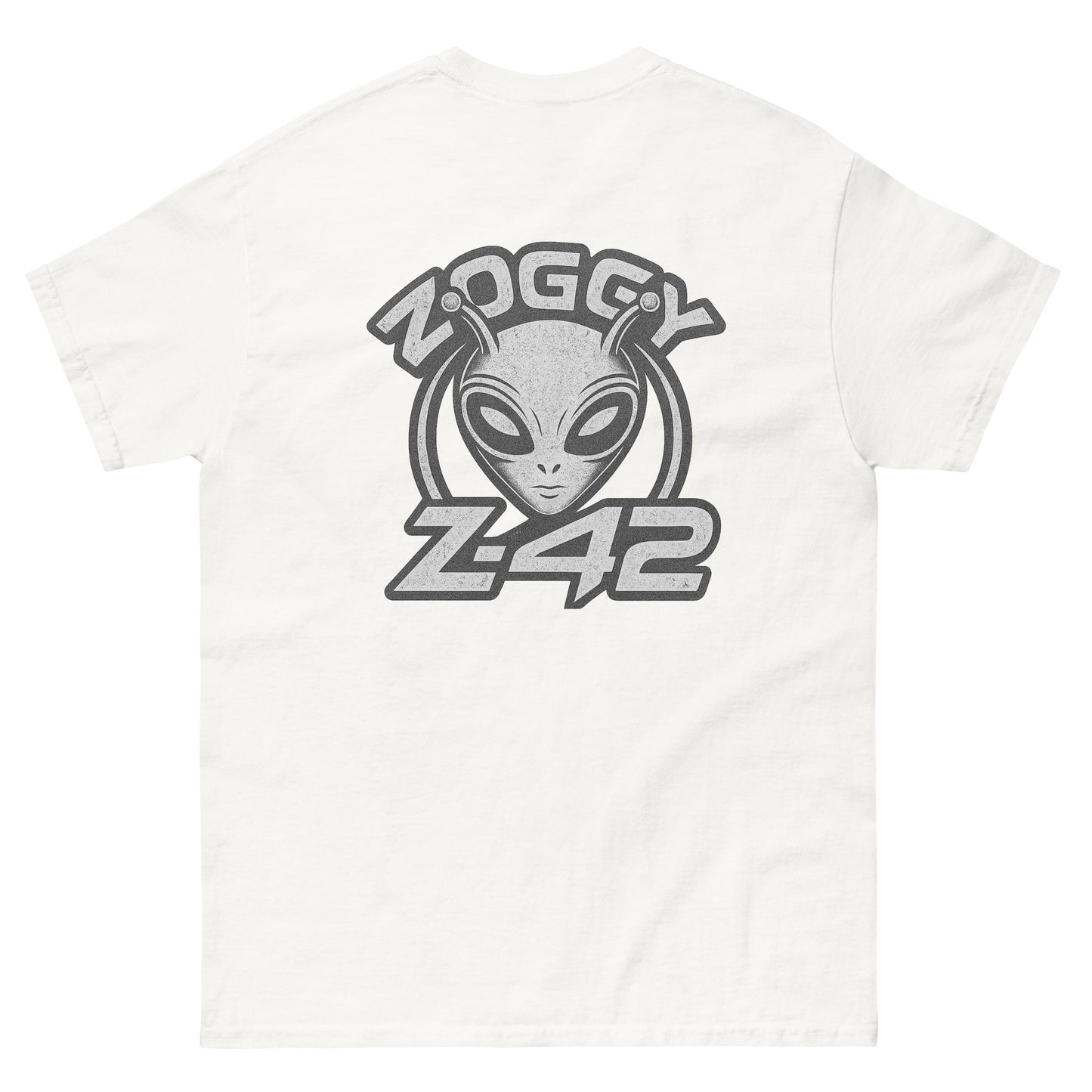 White unisex T-shirt — back print: large grey alien head with text ZOGGY Z-42