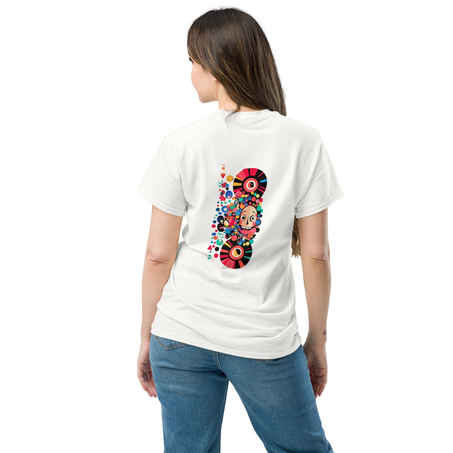 Female model wearing white T-shirt — back print: colorful abstract skull design