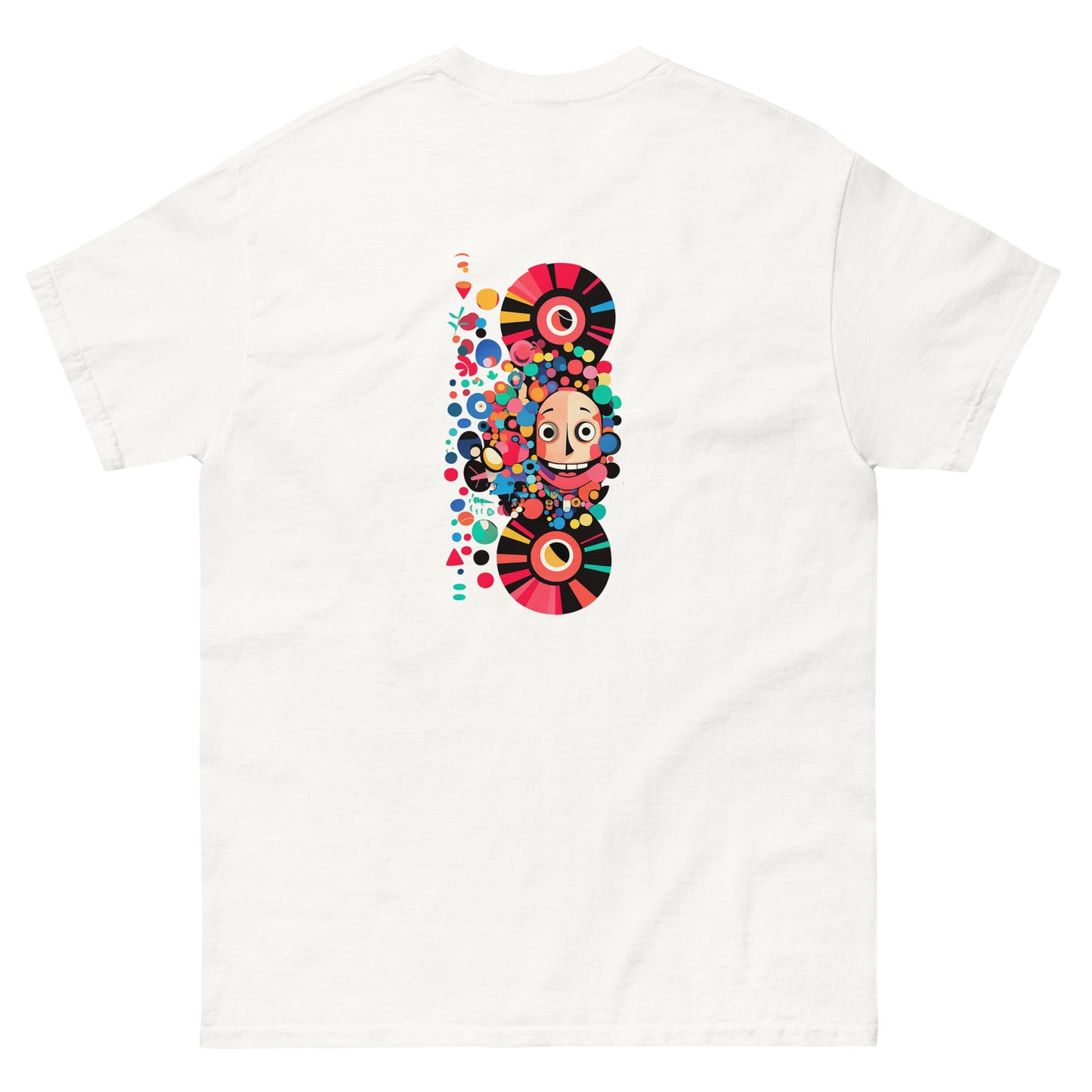 White unisex T-shirt — back print: colorful abstract skull design
