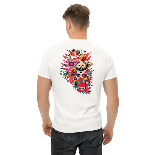 White unisex T-shirt with a detailed multicolor abstract face print on the back. Soft cotton for everyday comfort.