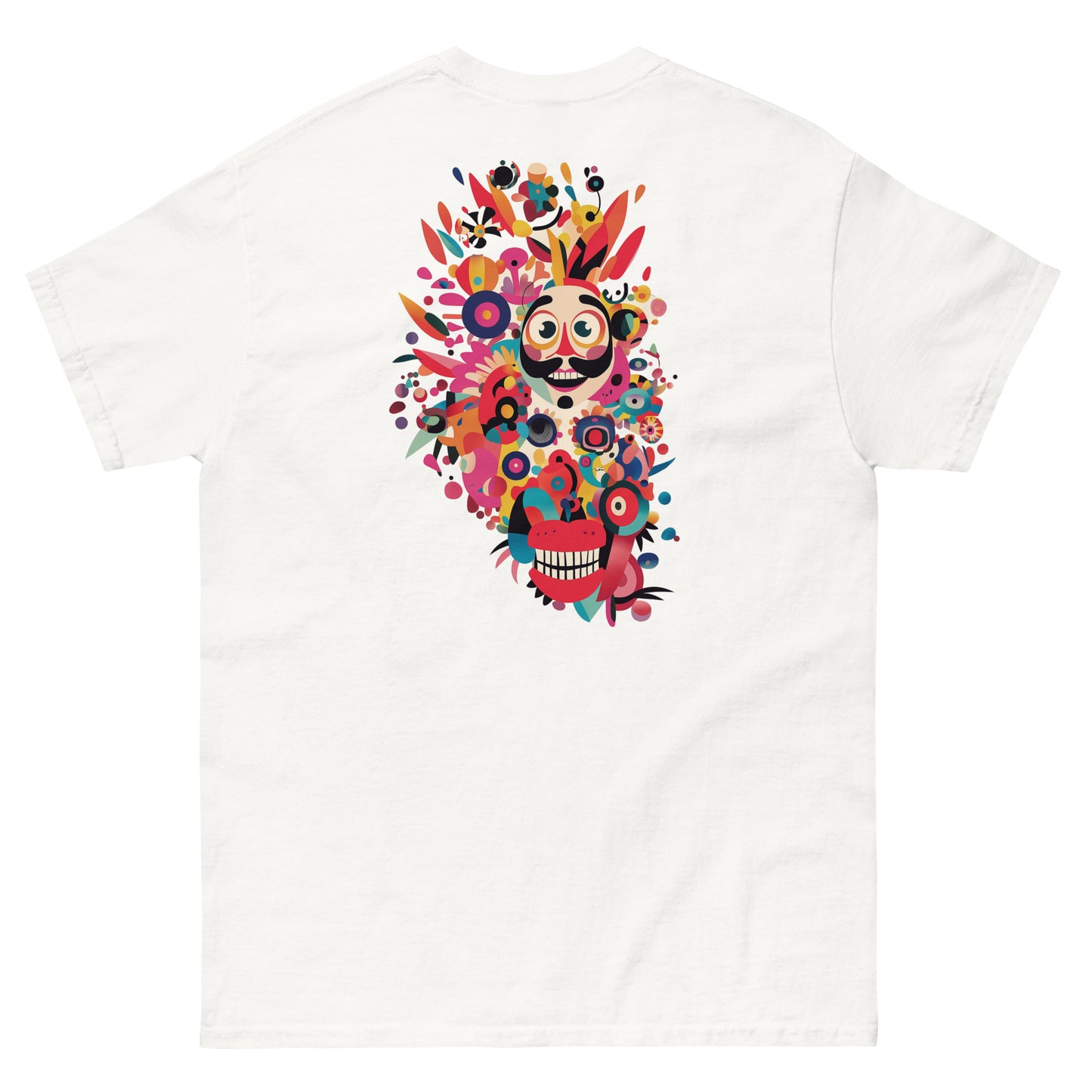White unisex T-shirt with a multicolor abstract face print on the back. Modern art-inspired design