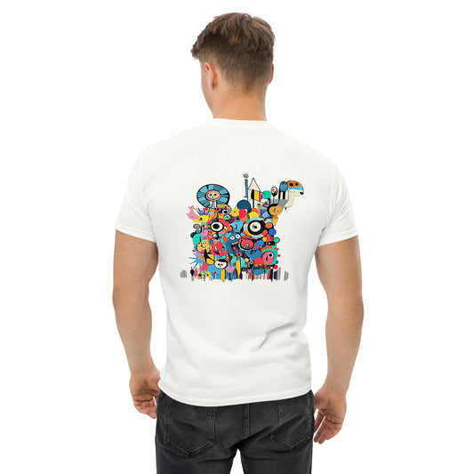 White unisex T-shirt – colorful abstract illustration, back view on male model.