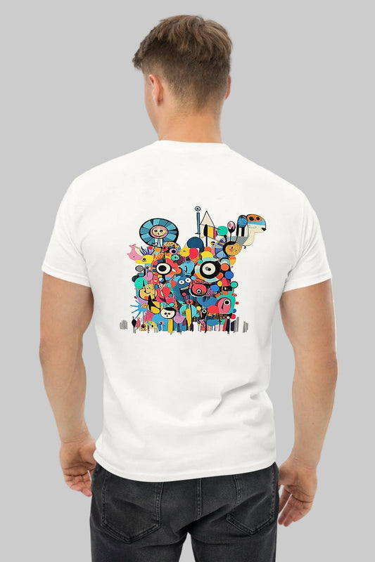 White unisex T-shirt – colorful abstract illustration, back view on male model.