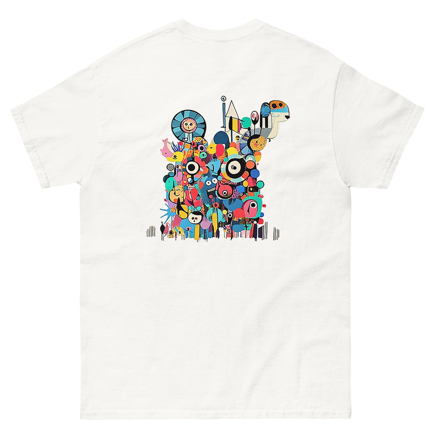 White unisex T-shirt – I Feel Normal rainbow text and colorful abstract illustration, back view.