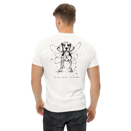 White unisex T-shirt – black ink Beagle dog illustration, back view on male model