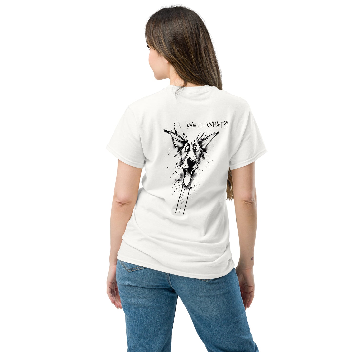Female model wearing white T-shirt, back view, Border Collie illustration with text "Wait WHAT".