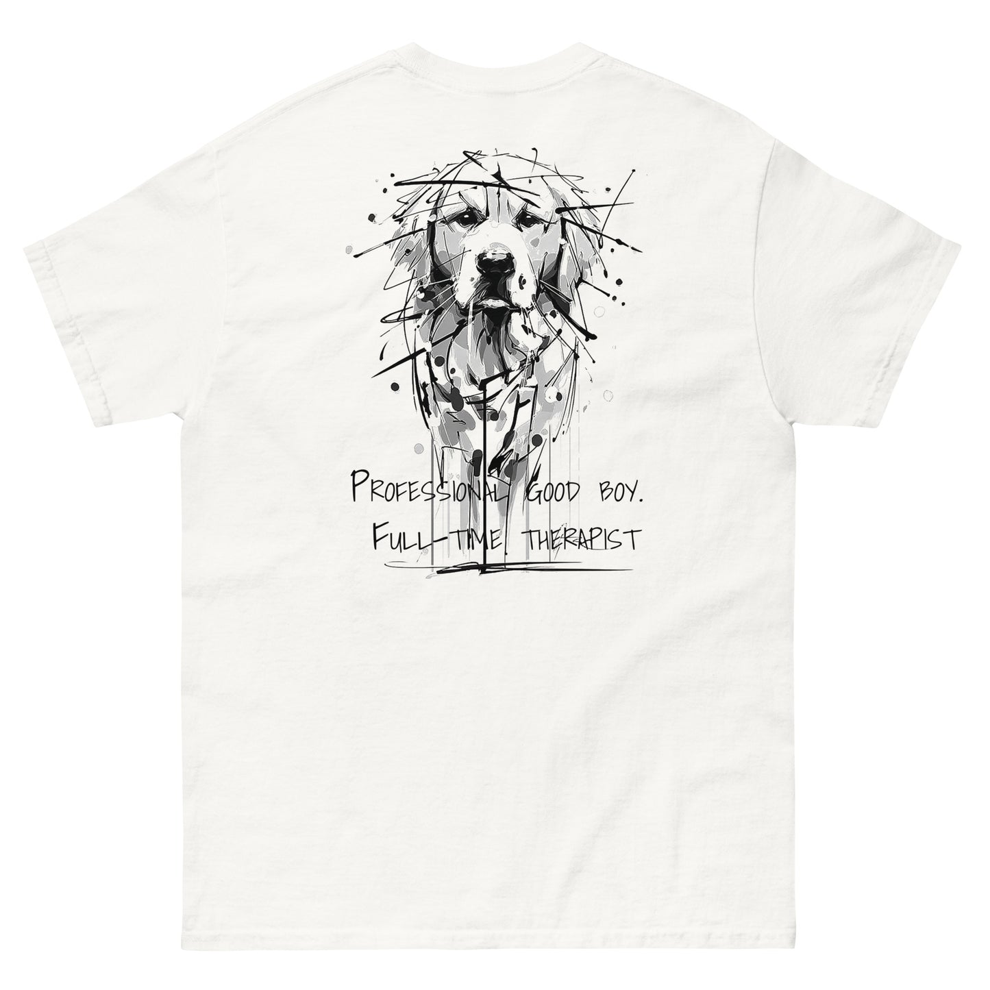 White unisex T-shirt – black ink Golden Retriever dog illustration, back view
