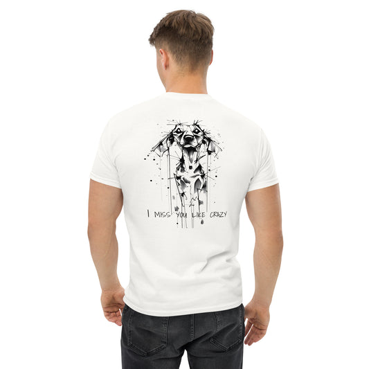White unisex T-shirt – black ink Beagle dog illustration, back view on male model.