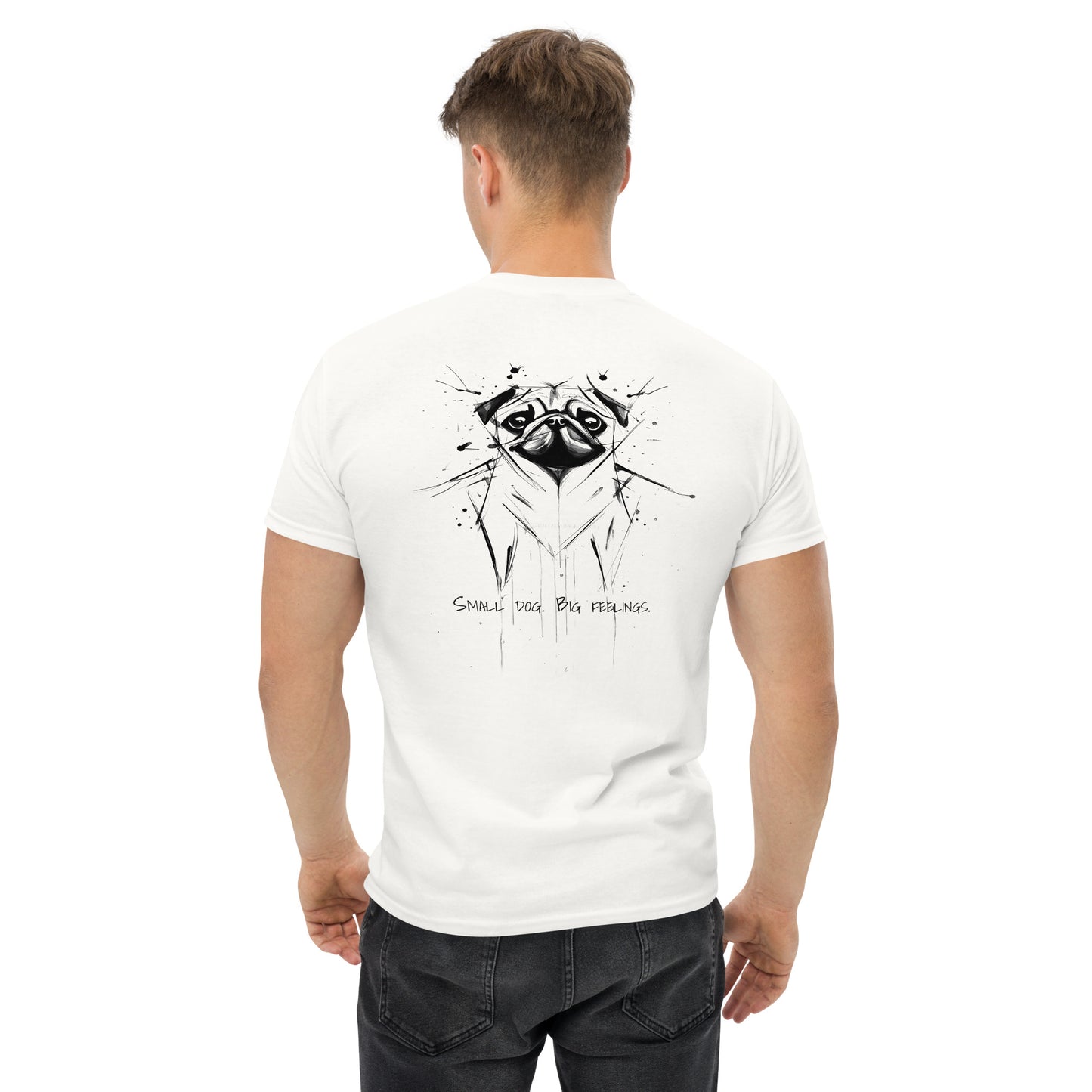 White unisex T-shirt – black ink pug illustration, back view on male model.