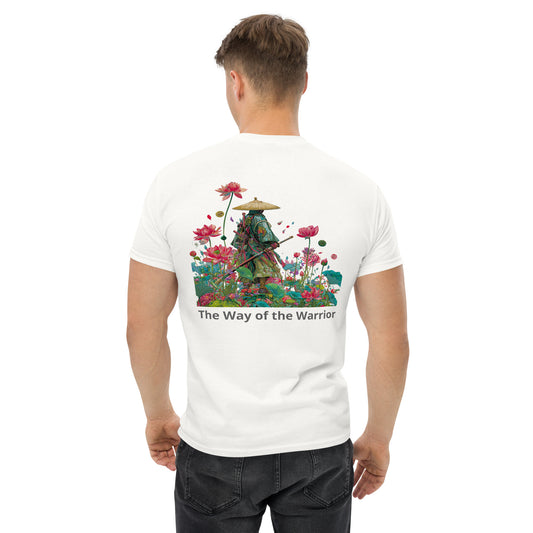 White unisex T-shirt – The Way of the Warrior samurai design, back view.