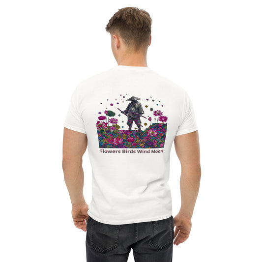 White unisex T-shirt – Flowers and moon samurai design, back view.