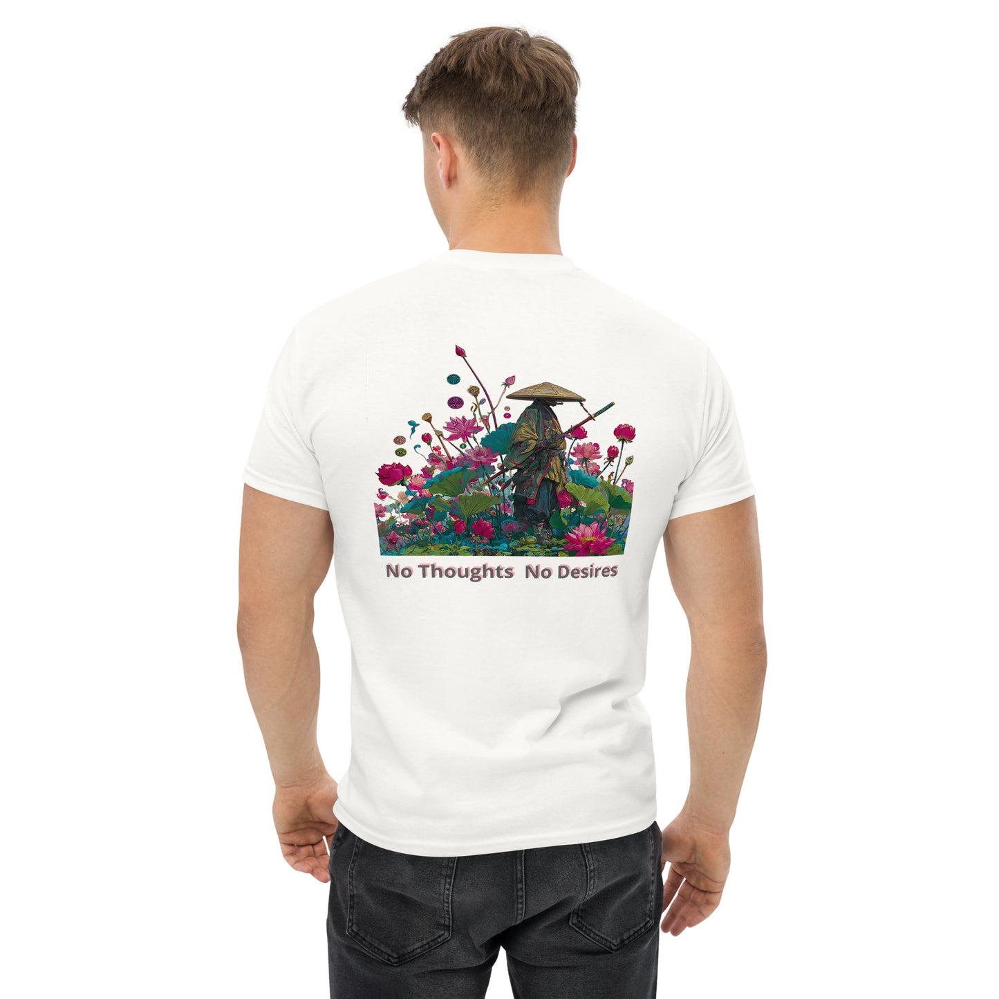White unisex T-shirt – Samurai in the Blooming Lotus, back view.