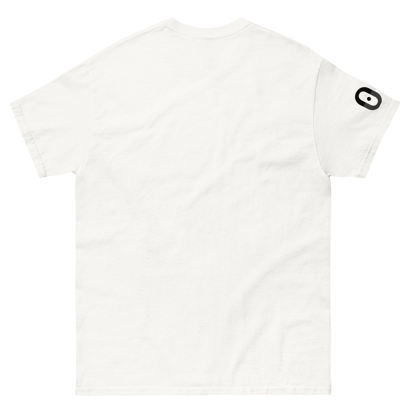 Back view of the white t-shirt with no graphics. The empty back reinforces the front-focused composition and the quiet nature of the design.