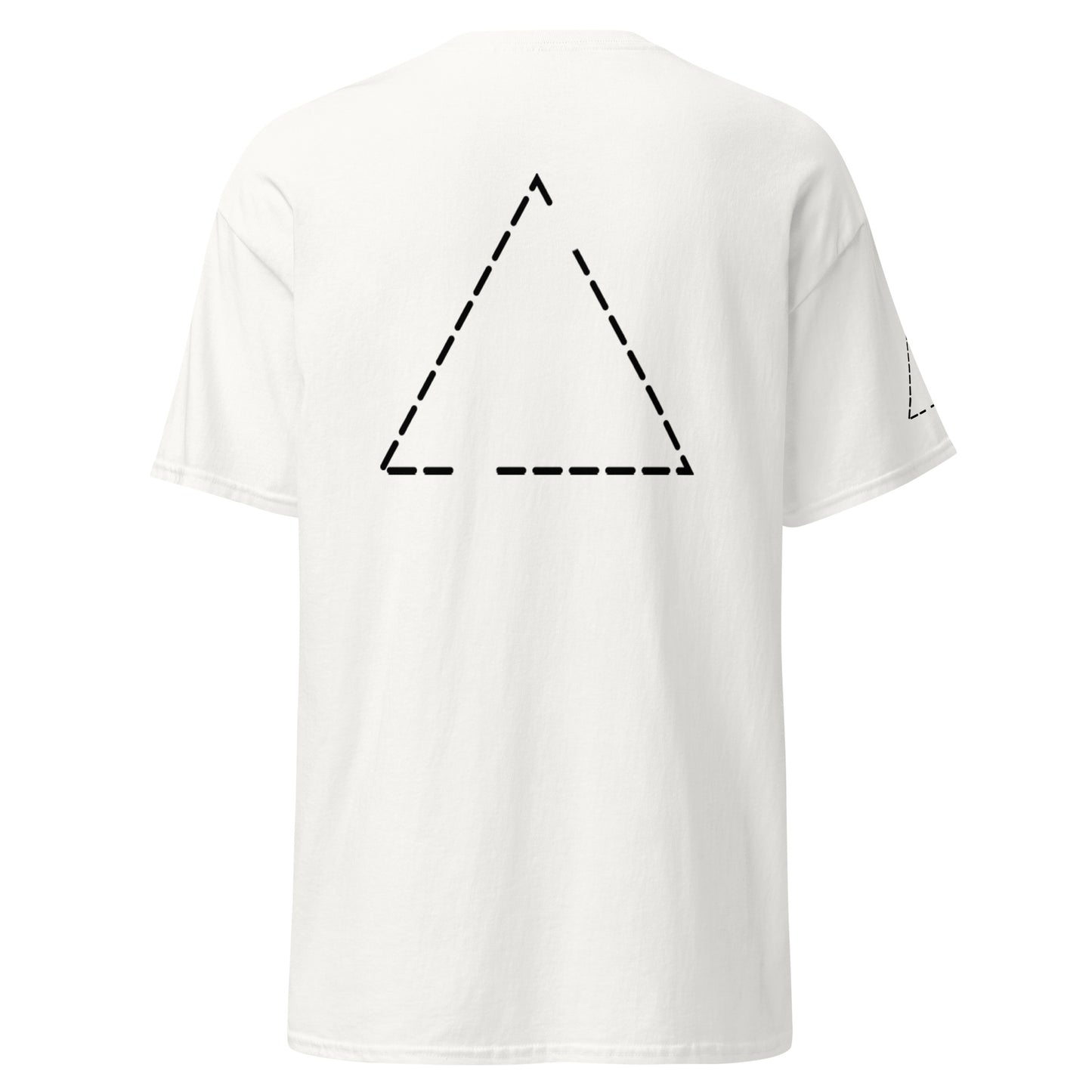 Back view of the white t-shirt featuring the same dashed triangular outline. The high contrast emphasizes the geometric structure and broken contour.