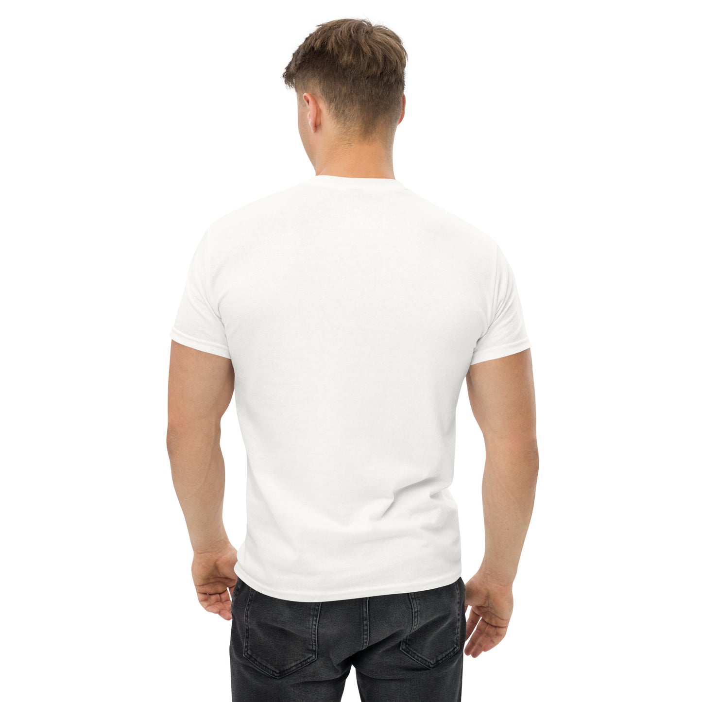 man wearing plain white t shirt back view minimal design
