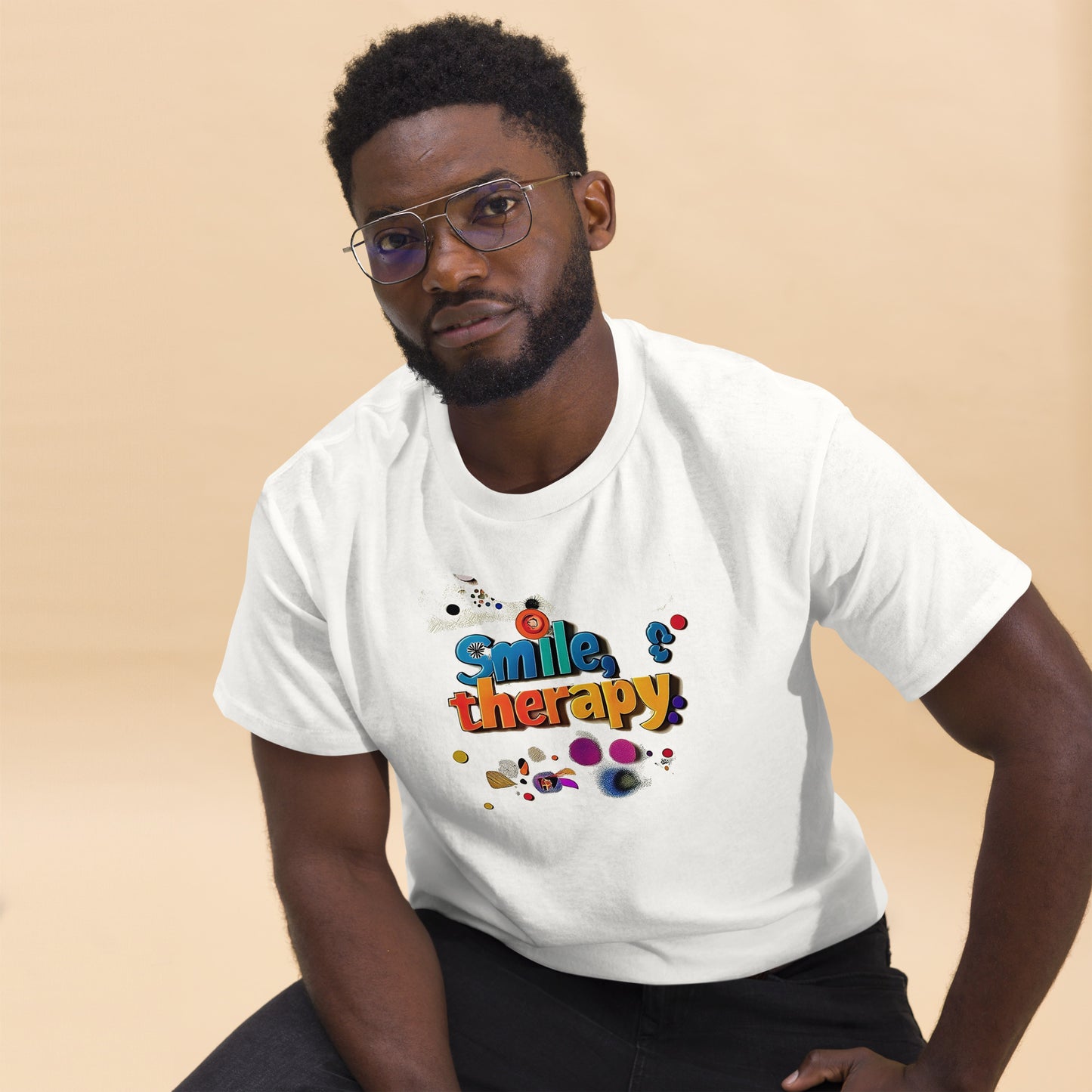White unisex T-shirt – Colorful abstract art design, front view.