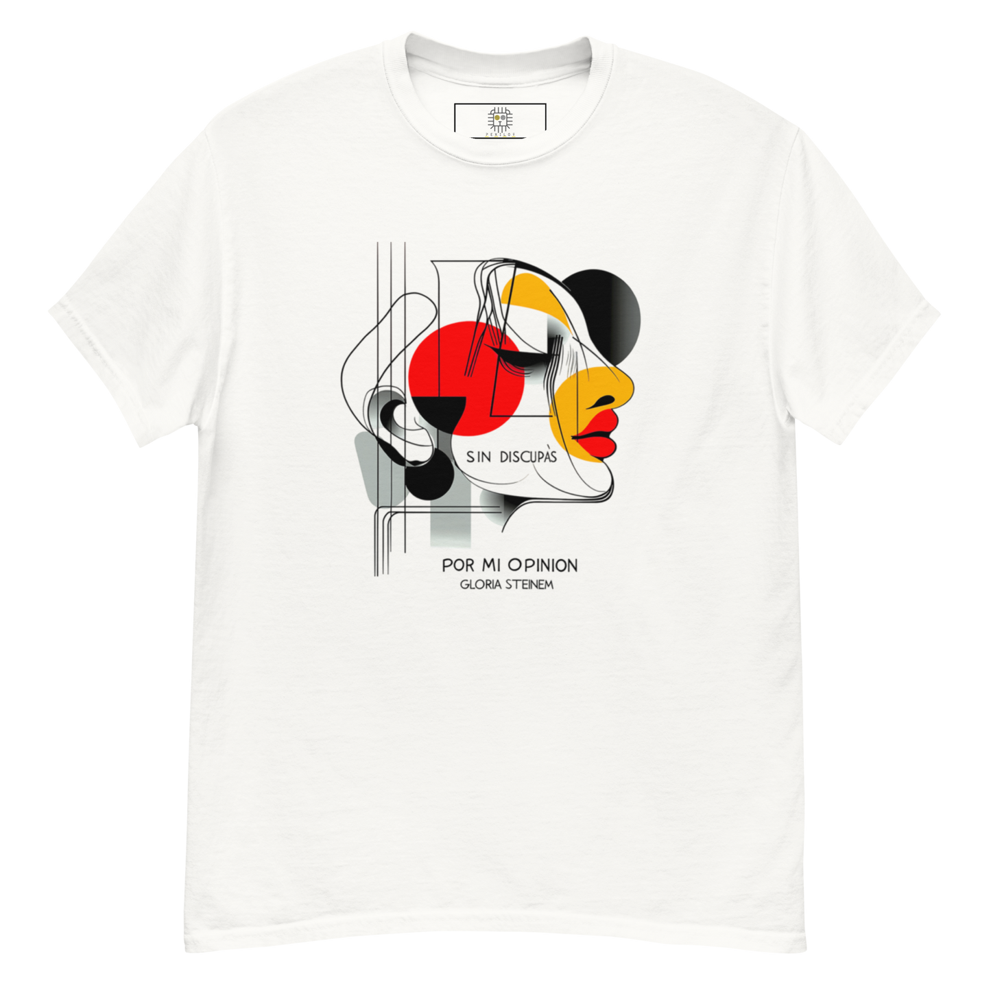 Flat lay of the T-shirt with the abstract face design and slogan “No me disculpo por mi opinión.”