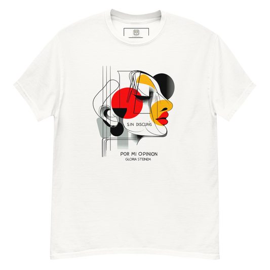 Flat lay of the T-shirt with the abstract face design and slogan “No me disculpo por mi opinión.”
