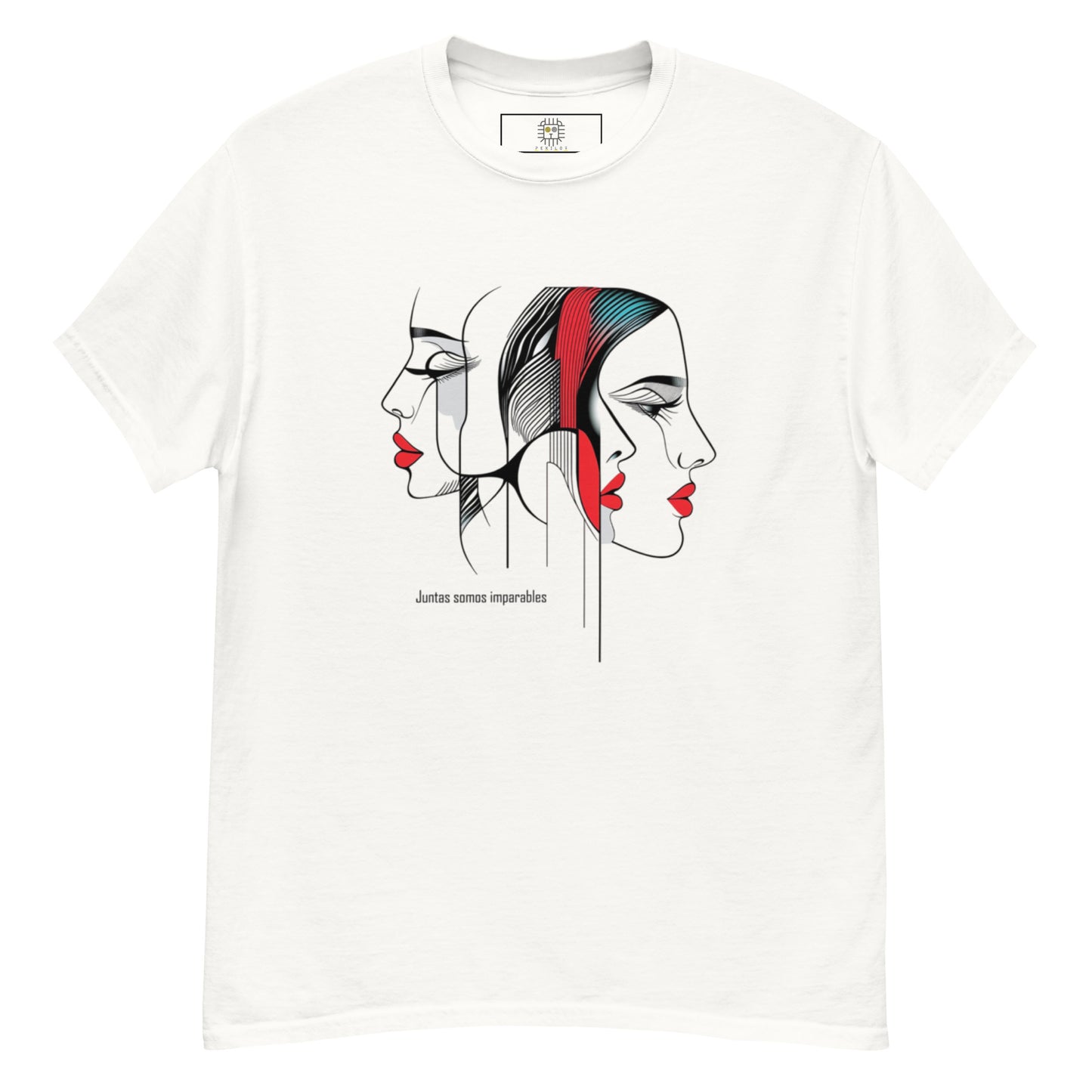 White unisex T-shirt — flat lay, front print: two female profiles (one in color, one line art), text sisterhood never ends.