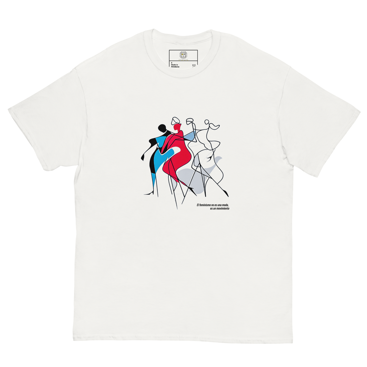 White unisex T-shirt — flat lay, front print: abstract female silhouettes in red, blue, black with text El feminismo no es una moda, es un movimiento.