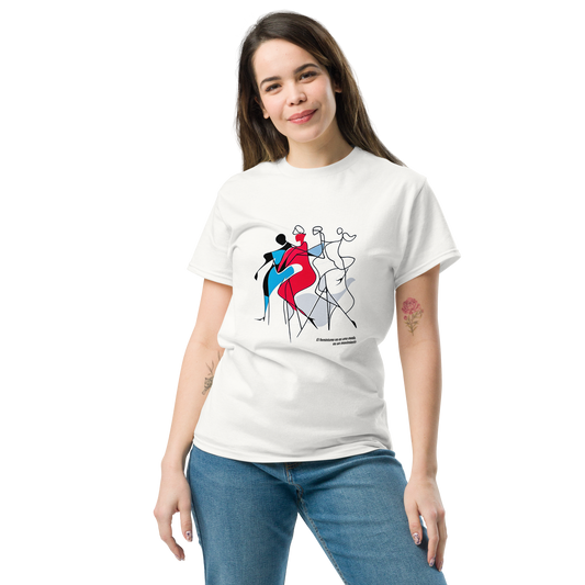 Female model wearing white T-shirt — front view, same abstract feminist design with text.