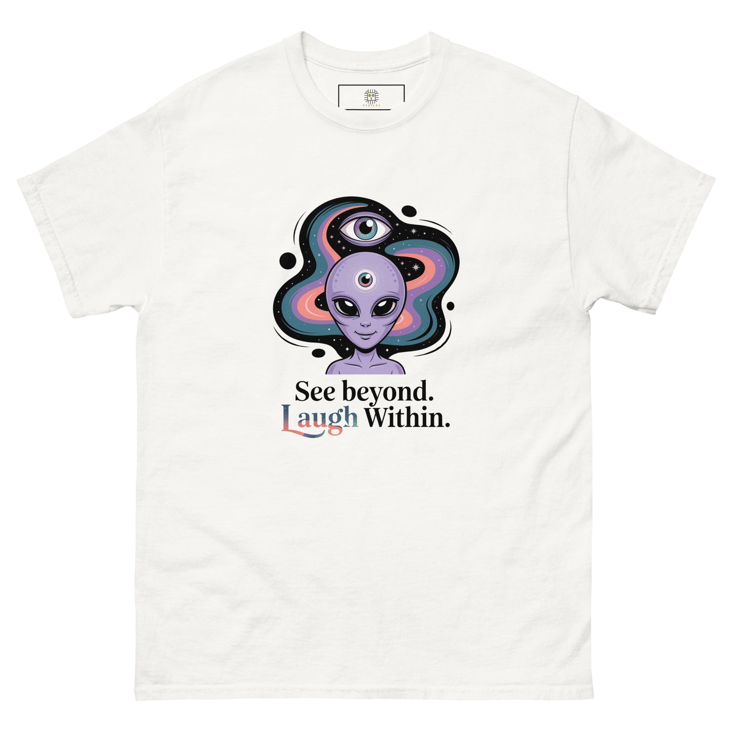 White unisex T-shirt — front print: alien in cosmic background with text See beyond, I am Within.