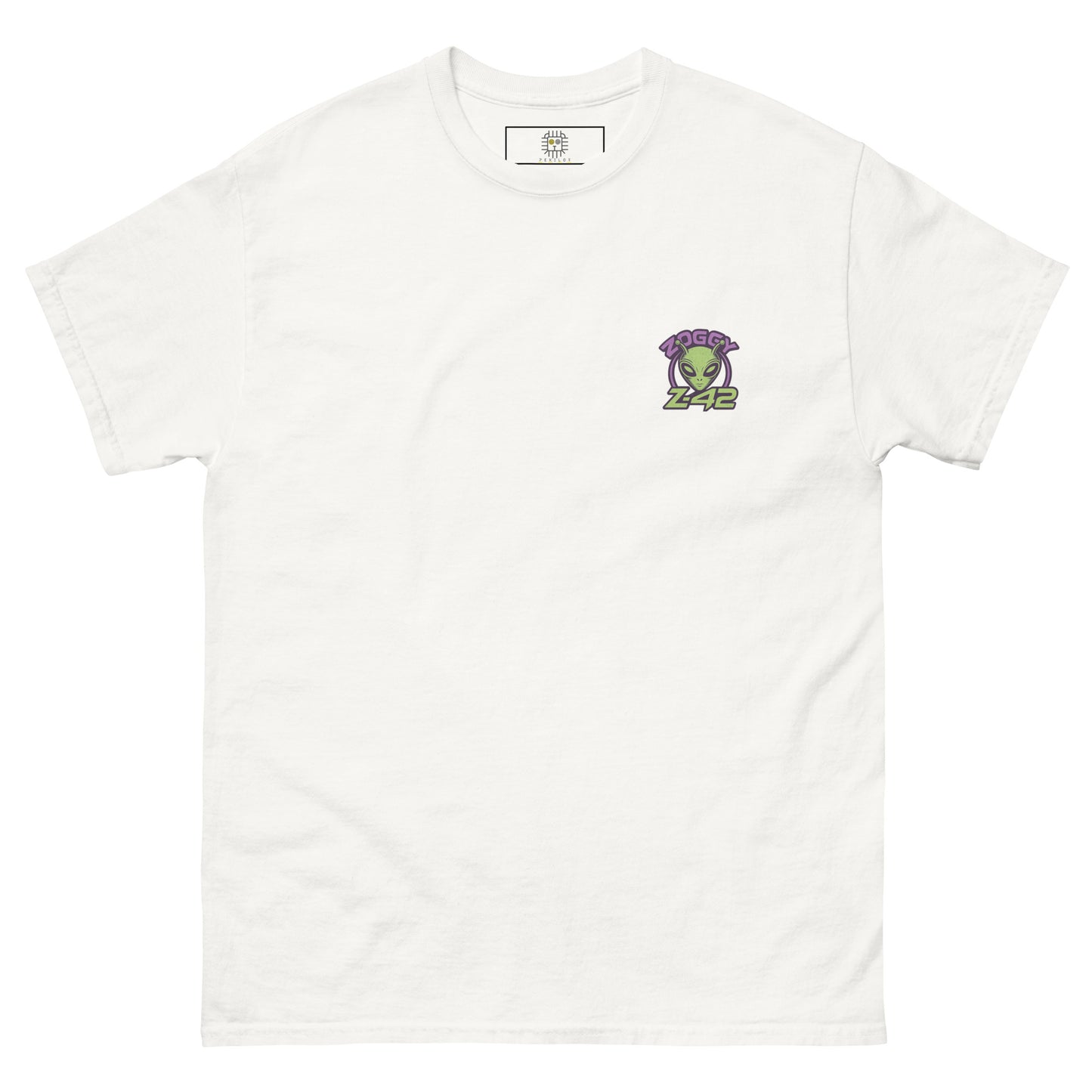 White unisex T-shirt — front left chest small alien head graphic