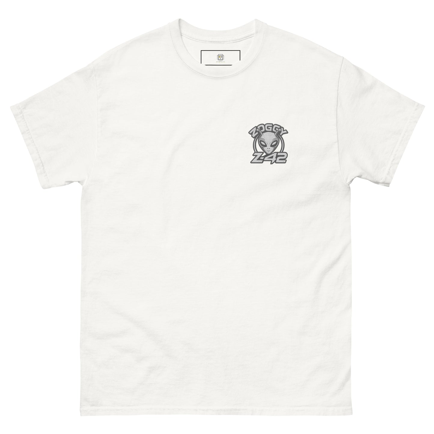 White unisex T-shirt — front left chest small grey alien head with text ZOGGY Z-42
