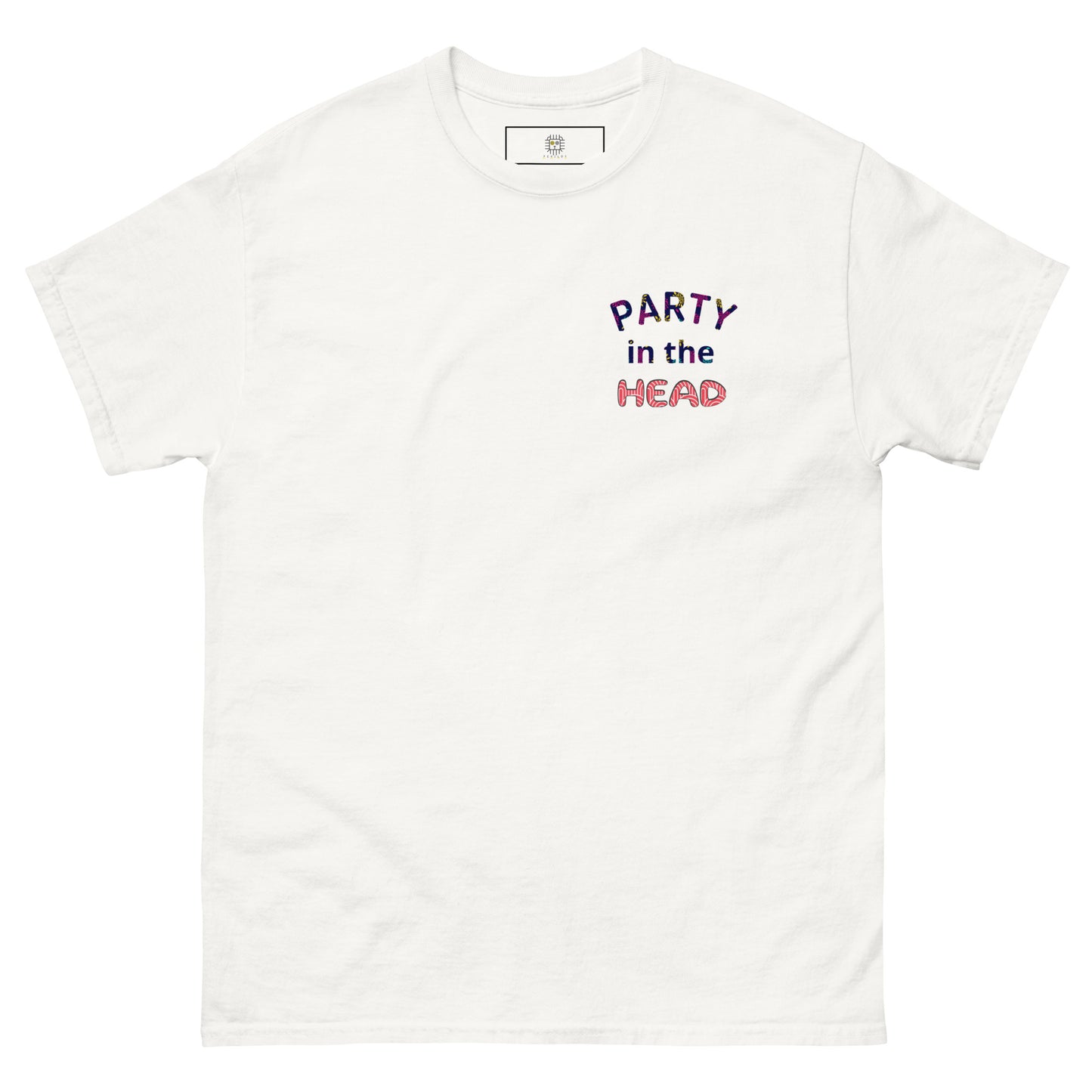 White unisex T-shirt — back print: colorful abstract skull design, front text: PARTY IN THE HEAD