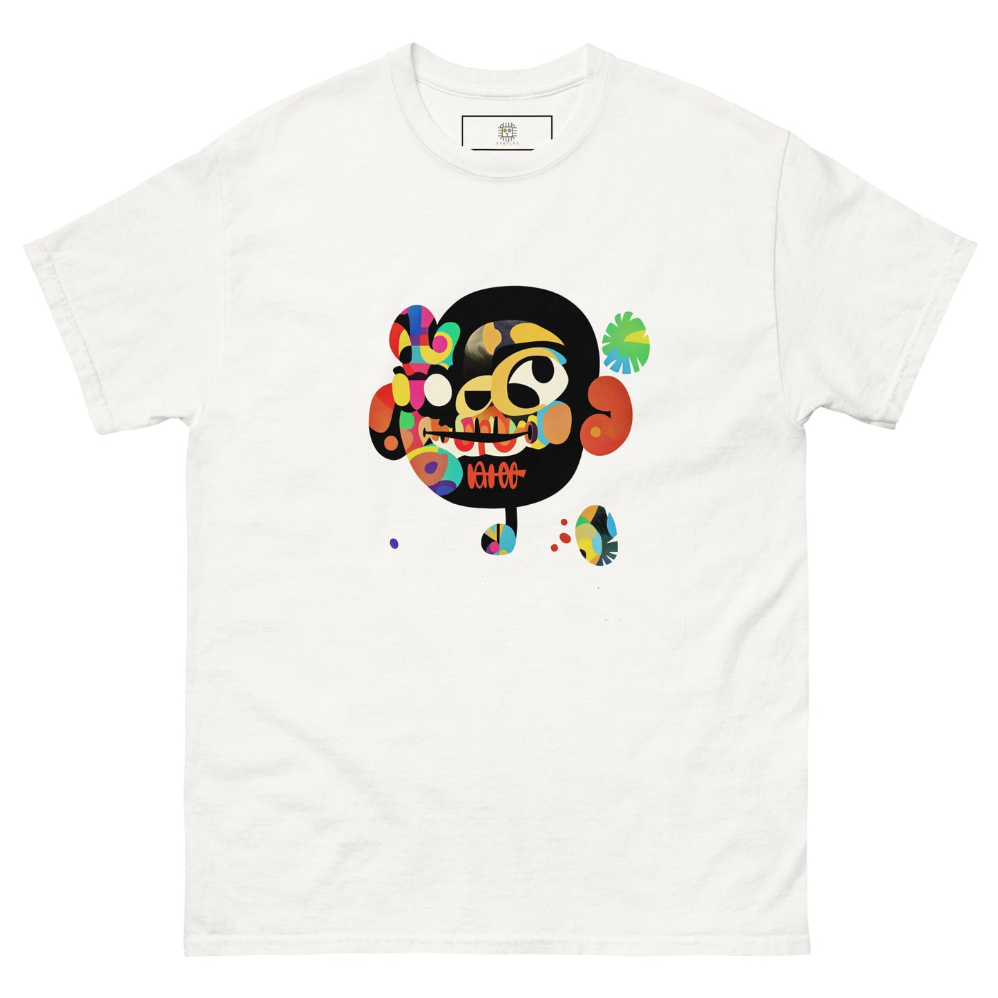 White unisex T-shirt — front print: colorful sugar skull