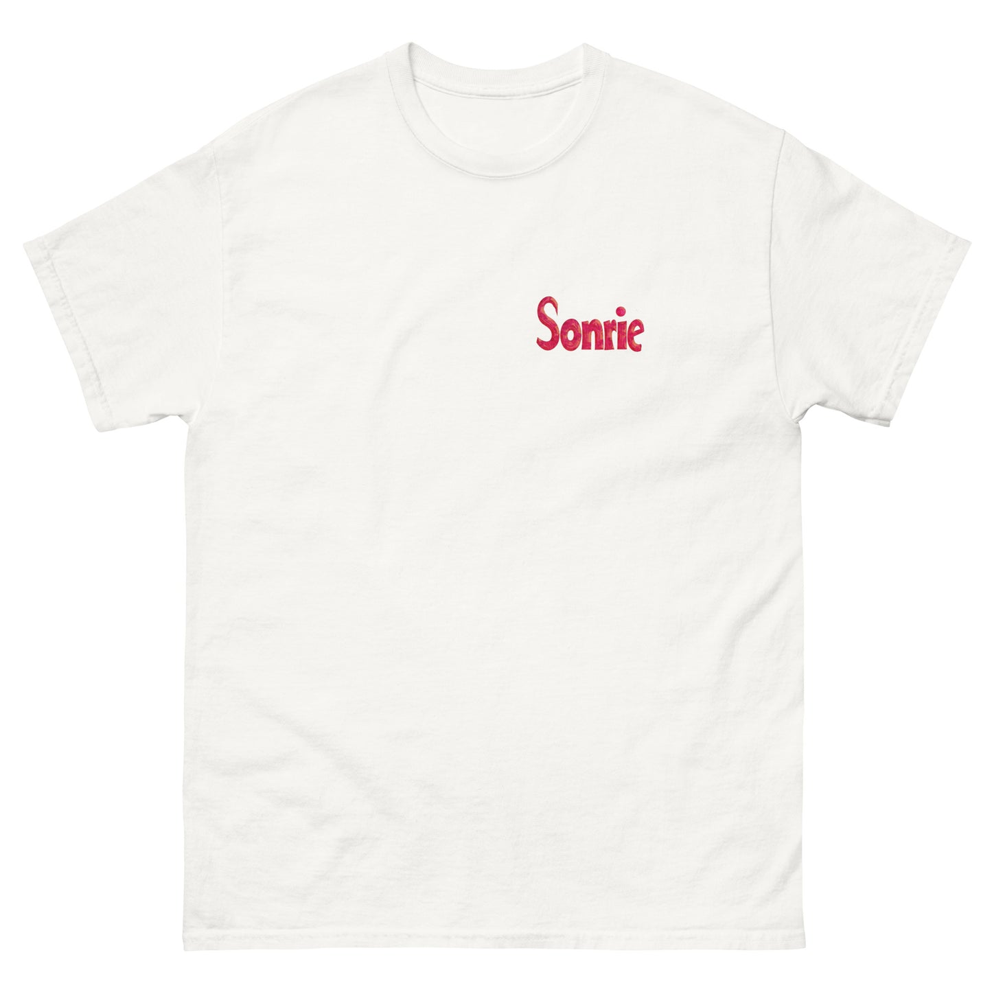 White unisex T-shirt with Sonrie text and a colorful abstract side print