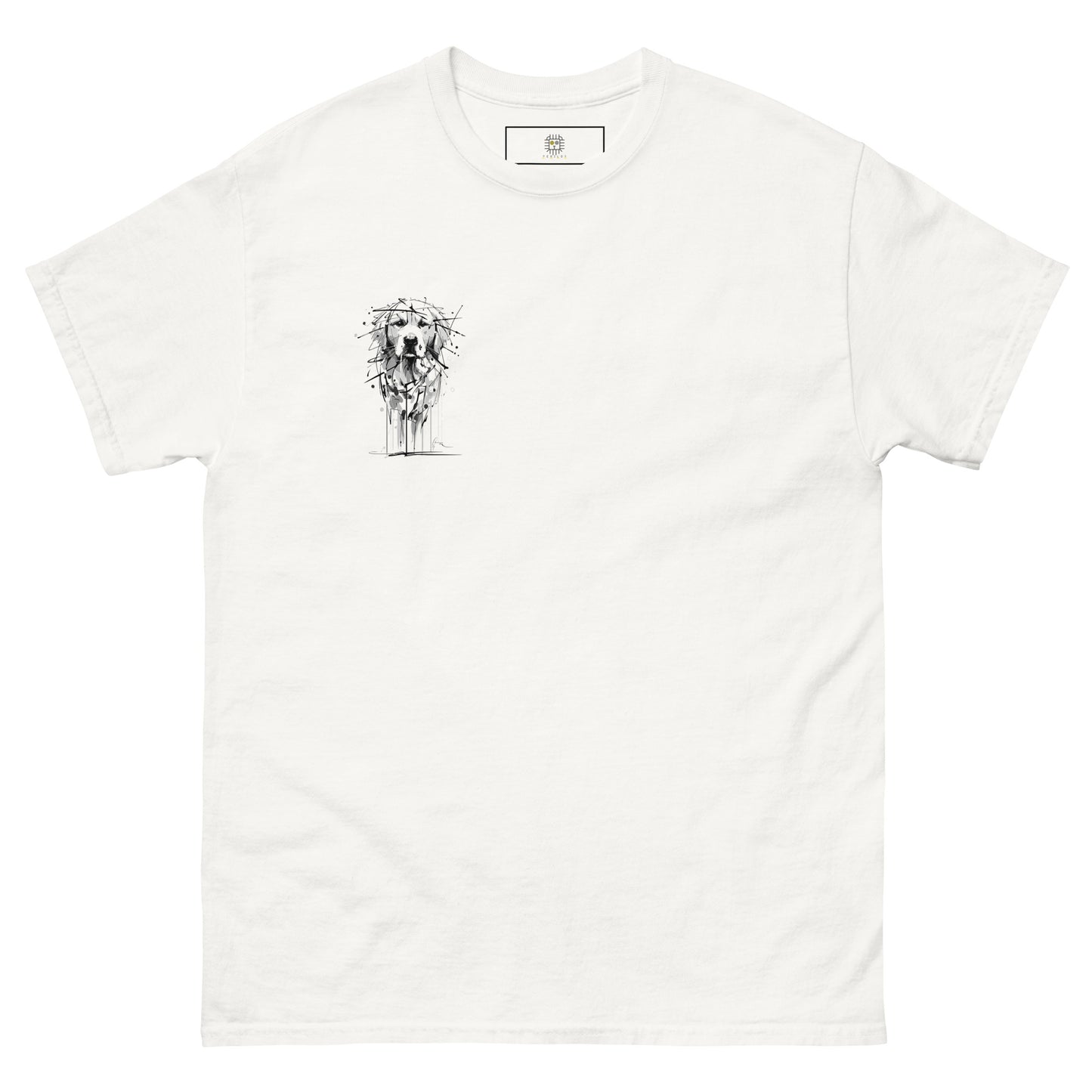 White unisex T-shirt – black ink Golden Retriever dog illustration, front view .
