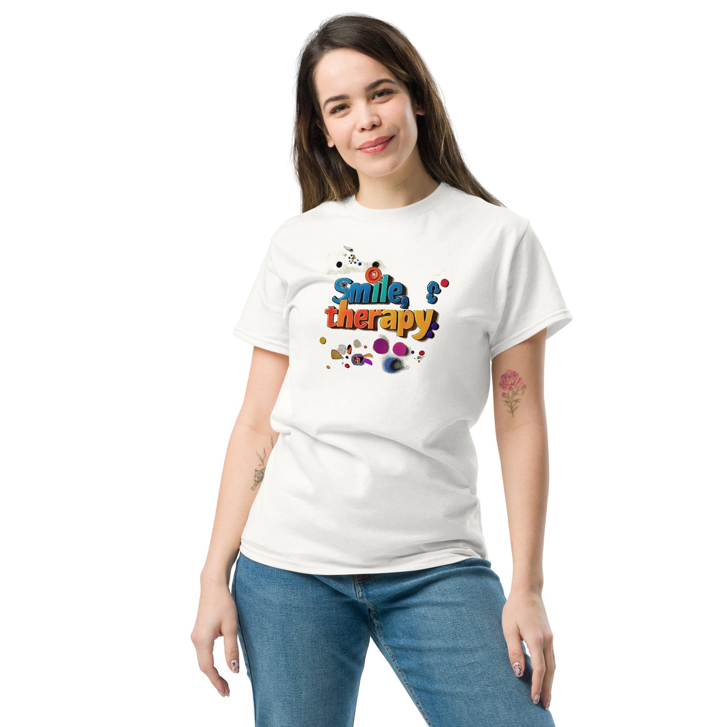 White unisex T-shirt – Colorful abstract art design, front view.