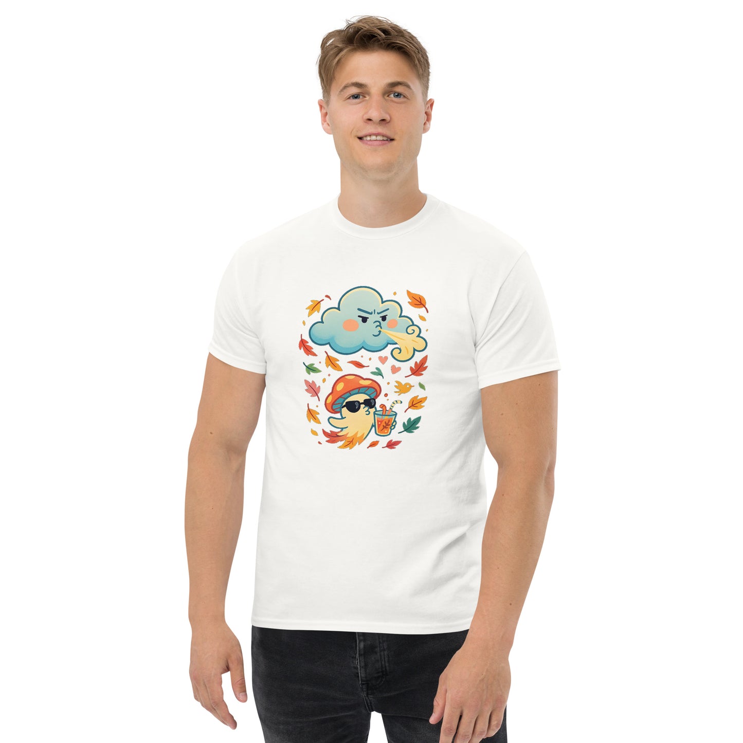 Male model in white T-shirt (second) – White graphic tee with cartoon mushroom and autumn vibes, MushLOL Collection.
