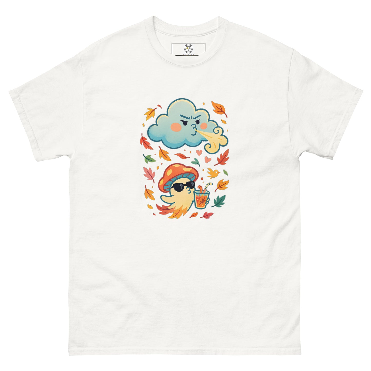 White flat lay T-shirt – Classic white tee with mushroom character and falling leaves, MushLOL Collection.