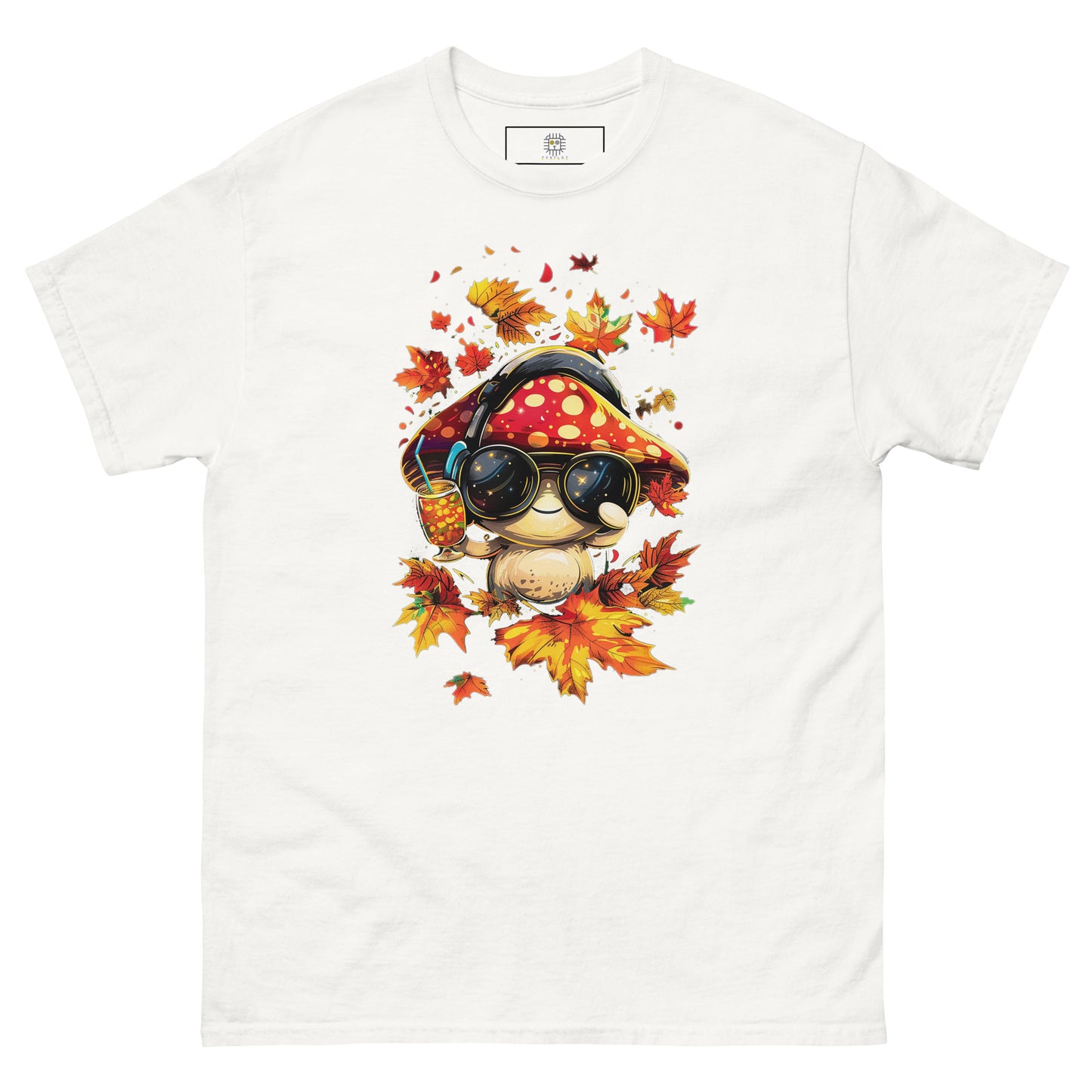 White flat lay T-shirt – Classic white t-shirt with playful mushroom character and autumn leaves, MushLOL Collection.